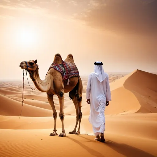 Prompt: mysterious arabian with the camel on the desert