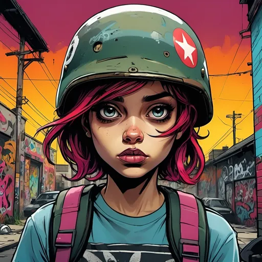 Prompt: Creat a image of a girl with army helmet in style of Jamie Hewlett