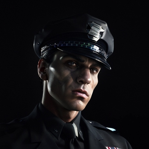 Prompt: (American cop wearing police hat), (sigma male profile picture avatar), intense expression, authoritative pose, dark attire, contrasting textures, black background, minimalistic lighting to highlight facial features and uniform, strong jawline, strong colors for a dramatic effect, cinematic vibe, ultra-detailed, high quality image, evokes confidence and seriousness.