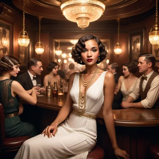 Prompt: a very fashionable tan skinned women sits in a crouded early 1900's style speak easy in a ver elegent white dress the bar has other people dancing 
