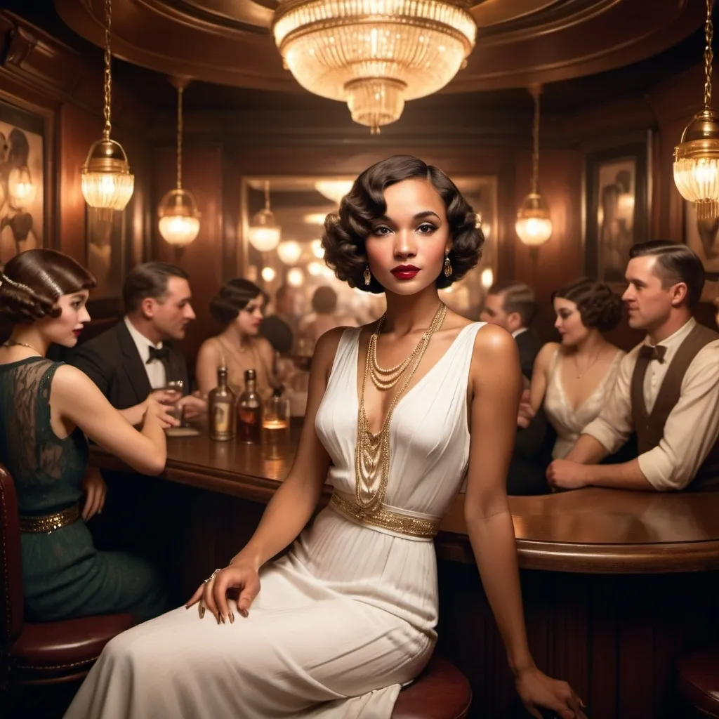 Prompt: a very fashionable tan skinned women sits in a crouded early 1900's style speak easy in a ver elegent white dress the bar has other people dancing 
