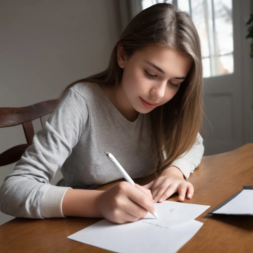 Prompt: 25 your old young girl writing letter to her boyfring, sdevface view