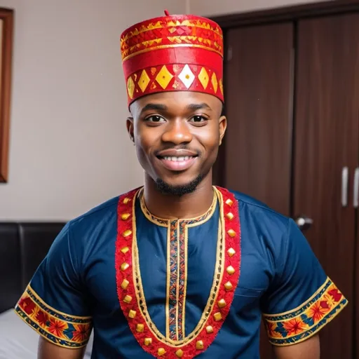 Prompt: create an image of a cute Igbo guy wearing ISI agu igbo traditional attire