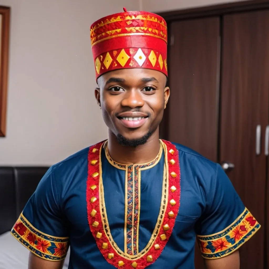 Prompt: create an image of a cute Igbo guy wearing ISI agu igbo traditional attire