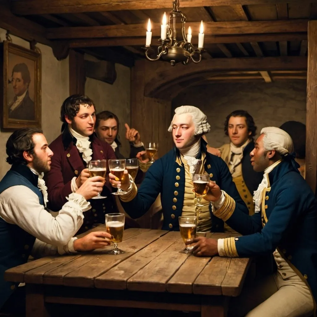 Prompt: Young Lafayette with others in tavern toasting