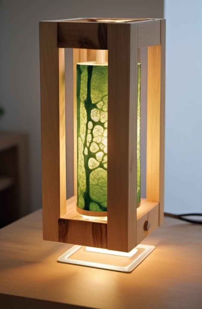 Prompt: Design a modern and eco-friendly algae lamp inspired by the wooden lantern in the provided picture. The lamp should have a square shape and incorporate elements of natural wood. Inside the lamp, there should be a compartment for algae cultivation using a liquid medium. The lamp should feature an invisible light source at the bottom to illuminate the algae, creating a warm and inviting glow that diffuses through the structure. Focus on sustainability, utilizing renewable materials and energy-efficient lighting. The design should blend rustic charm with contemporary aesthetics, making it suitable for both indoor and outdoor settings.