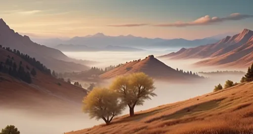 Prompt: A serene mountain landscape at sunrise, with soft, warm colors of the morning sky and gentle mist rolling over the valleys. The scene should evoke a sense of tranquility and new beginnings.