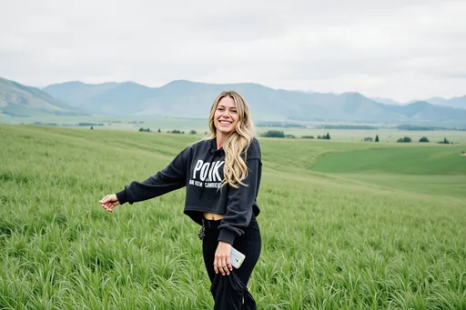 Prompt: @wrUUwLrlAOoSozST3R4P A woman with long, wavy blonde hair beams joyfully, standing in a lush green field that stretches toward rolling hills in the distant background. Dressed in a black cropped hoodie emblazoned with “PINK,” she holds one arm confidently outstretched, inviting attention to her surroundings. The scene is set under a slightly overcast sky, casting a soft light that enhances the vibrant green of the grass and the serene blue hues of the mountains beyond. The composition captures a moment of carefree happiness, embodying the beauty of nature and the spirit of adventure in an outdoor setting., Arms Down (1)