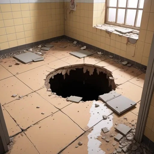 Prompt: 2d studio ghibli anime scene big hole in the floor of the women's bathroom in The scool, destroyed floor, disgusting hole with an appearance of destruction