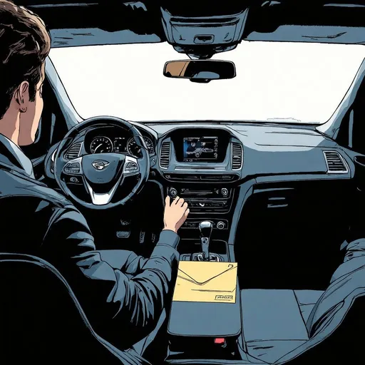 Prompt: Create an illustration showing the interior of a car. On the passenger seat, there's a visibly new and sealed envelope. The person in the driver's seat should have an expression that conveys a mix of anxiety and resolution, staring intently at the envelope, but not touching or reading it. The scene should be emotionally intense, with soft lighting and an atmosphere of tension and reflection.