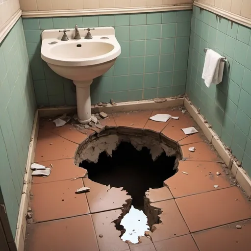 Prompt: 2d studio ghibli anime scene big hole in the floor of the women's bathroom, destroyed floor, disgusting hole with an appearance of destruction