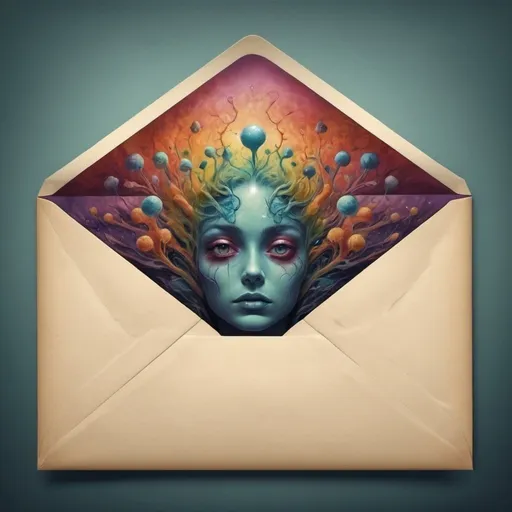 Prompt: Crie um envelope grande se abrindo se abrindo de dentro do envelope está saindo várias cores e objetos surrealista felizes e tristes 
