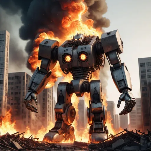 Prompt: Giant robot foot crushing city buildings in flames, realistic 3D rendering, debris flying, intense flames, high quality, realistic, fiery tones, dramatic lighting, detailed destruction, apocalyptic
