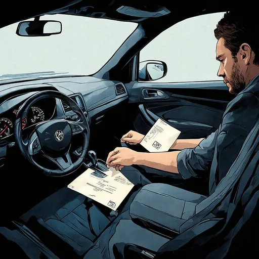Prompt: Create an illustration showing the interior of a car. On the passenger seat, there's a visibly new and sealed envelope. The person in the driver's seat should have an expression that conveys a mix of anxiety and resolution, staring intently at the envelope, but not touching or reading it. The scene should be emotionally intense, with soft lighting and an atmosphere of tension and reflection.