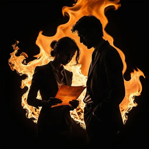 Prompt: Silhouette of two people, burning legal envelope (35x26), intense flames, high contrast, detailed silhouette, dark and fiery, dramatic lighting, highres, intense, fiery, silhouette, dramatic, legal envelope, contrast, detailed