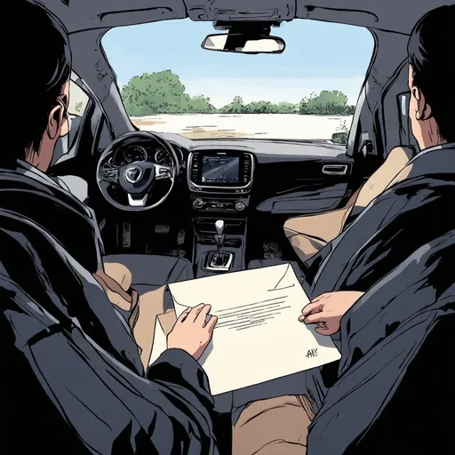 Prompt: Create an illustration showing the interior of a car. On the passenger seat, there's a visibly new and sealed envelope. The person in the driver's seat should have an expression that conveys a mix of anxiety and resolution, staring intently at the envelope, but not touching or reading it. The scene should be emotionally intense, with soft lighting and an atmosphere of tension and reflection.