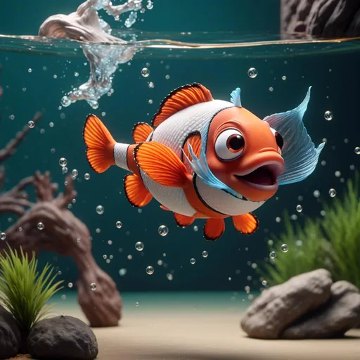 Prompt: <mymodel> Clownfish, in mid-air, jumping out of an old aquarium and flying in the air. The fish is clearly visible, flying several inches above the edge of the old aquarium, with drops of water suspended around it. 