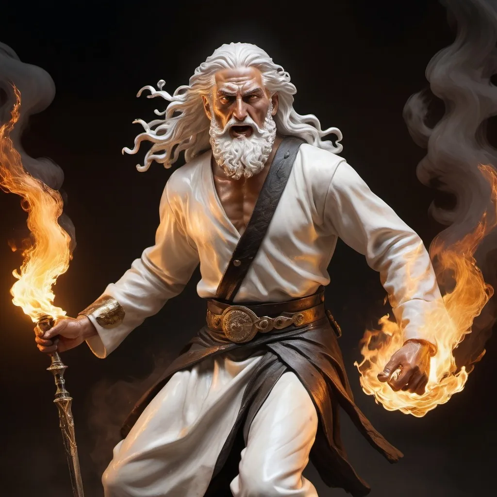 Prompt: a man and foot (first century Jew), white hair, flames of fire for eyes, feet like polished bronze, from his mouth comes a sharp sword.