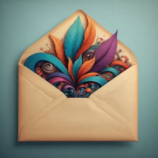 Prompt: Crie um envelope grande se abrindo se abrindo de dentro do envelope está saindo várias cores e objetos surrealista felizes e tristes 