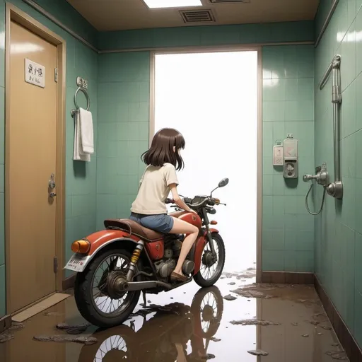 Prompt: 2d studio ghibli anime style, girl on motorcycle, anime scene big hole in the floor of the women's bathroom