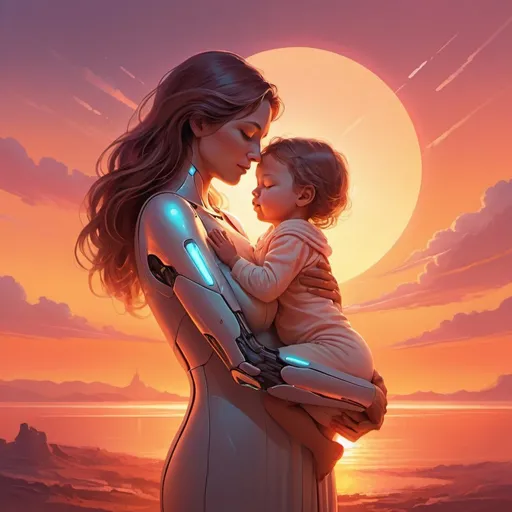 Prompt: Emotional, futuristic illustration of a mother embracing her child, warm and protective aura, sunset background, eternal love, high quality, futuristic, maternal love, tender embrace, detailed expressions, glowing sunset, loving bond, warm color palette, emotional lighting