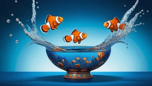 Prompt: (clownfish), jumping out of a bowl, towards another fish in its water bowl, (blue background), (dynamic composition), inspired by Andries Both, cloisonnism style, vibrant colors, high contrast, whimsical atmosphere, ultra-detailed, computer graphics, immersive depth, playful ambiance, energetic motion, harmonious aquatic motifs.