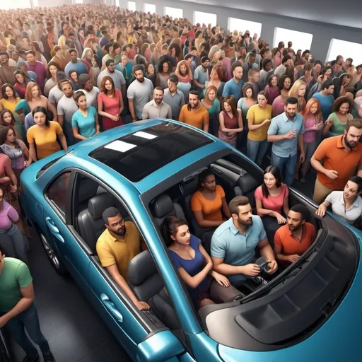 Prompt: Interior of a car packed with diverse people of all sizes and races, crowded, varied individuals, lively atmosphere, realistic, detailed, vibrant colors, dynamic composition, high resolution, 3D rendering, diverse crowd, energetic, bustling, busy environment, interior design, realistic lighting