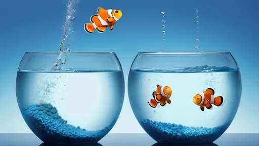 Prompt: Clownfish, in mid-air, jumping from an old aquarium towards another new aquarium in a blue background. The fish is clearly visible, flying several centimeters above the edge of the old aquarium, with water droplets suspended around it. Dynamic composition, inspired by Andries Both, Disney Pixar style, vibrant colors, high contrast, extravagant atmosphere, ultra-detailed, depth engaging, playful environment, energetic movement, harmonious water motifs. The old aquarium looks worn out and aged, while the new aquarium is sleek, shiny, and modern.