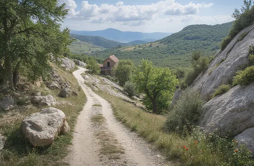 Prompt: a lovley sunday walk on a narrow bending gravle road. Big Rocks, flowers. An old farm.  Old oak trees and panoramic view over the distant mountains.  Summer clouds 