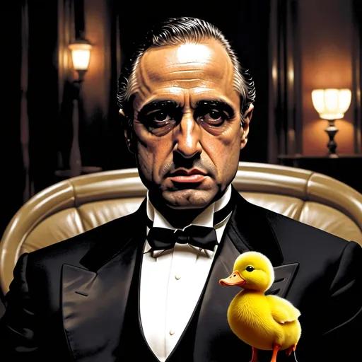 Prompt: The godfather movie poster but with a duck as the main character