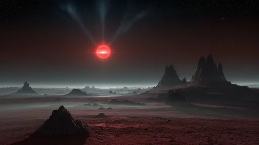 Prompt: Draw a landscape view from the terminator of a tidally locked planet orbiting a red dwarf star. The star is low on the horizon, emitting a dim red light. The sky displays a gradient from bright red near the star to dark blue and black towards the night side. The landscape is illuminated by perpetual twilight, with long shadows and contrasting bright and dark areas. Add some atmospheric effects like mist or fog near the horizon. The terrain includes gentle hills or mountains, creating an eerie and otherworldly atmosphere.