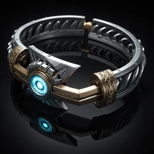 Prompt: The OmniBlade is a futuristic, sleek metal bracelet with intricate details, designed to seamlessly transform into a majestic sword adorned with glowing lights along its length and a razor-sharp tip; inside, envision a network of sophisticated connections, intricately woven wires powered by a compact yet potent energy source, allowing for the blade's mesmerizing shape-shifting abilities, its stealthy disappearance, and the vivid illumination that accompanies its every movement, enabling the special person to wield it effortlessly and fulfill their clandestine missions with unmatched prowess and style, akin to a legendary hero of lore.





