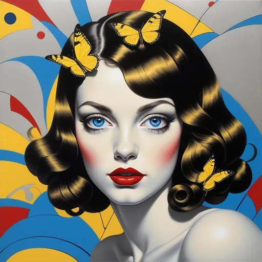 Prompt: a painting of a woman with blue eyes and a red lip and a yellow butterfly behind her head and a yellow and blue background, Edwin Georgi, art deco, tristan eaton, an art deco painting