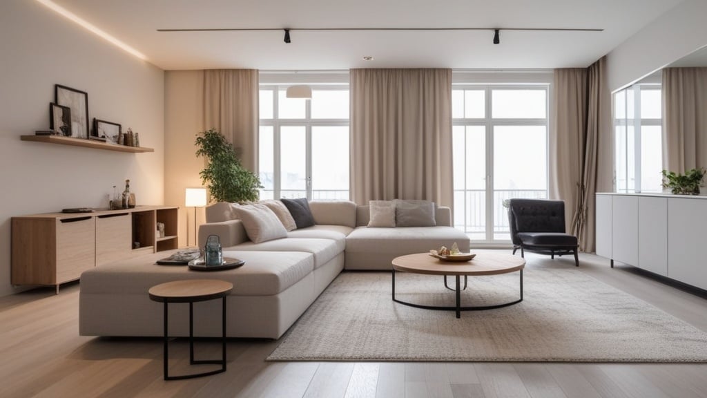 Prompt: Photograph apartment big living room joined with dining room, industrial style, soft light, all complemented by a unified color scheme of soothing natural tones,  creating a white and inviting atmosphere, Nikon D850, 35mm f/1. 4G lens, f/4, the image captures the quiet elegance of the room, sophisticated furniture, including a modern furniture sofa and armchair set and a minimalist side table, natural lights setting