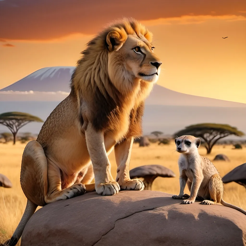 Prompt: A large lion and a small meerkat sitting on a large flay boulder overlooking the Serengeti with Mount Kilimanjaro in the background.