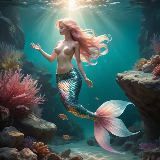 Prompt: Create an image of a mermaid submerged in shallow water above a rocky sea floor. The mermaid lies with her back floating in the water and viewed from above, creating a sense of immersion. Her upper body is human with a natural skin tone, while her lower half transitions into a shimmering, iridescent tail with teal, pink and orange hues, mimicking the reflective quality of fish scales. The tail fin is broad and graceful and resembles the extended fins of a betta fish, with intricate designs and a mix of cool and warm colors. The mermaid's hair is golden blonde, long and wavy, fans out around her head due to the buoyancy of the water and matches the shades of marine flora on the sea floor. The water is clear enough to show the rocks below, but vivid enough to make the white foam of the gently swirling sea foam stand out. The lighting in the image suggests a sunlit environment, with the sun's rays diffusing through the water and creating a tinted effect on the mermaid and the rocks beneath her. The overall atmosphere of this underwater world is one of serene beauty and otherworldly grace.