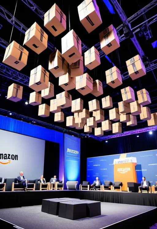 Prompt: Executive Sales Summit, quadrilateral-shaped stage with boxes of amazon 
packages hanging from the ceiling