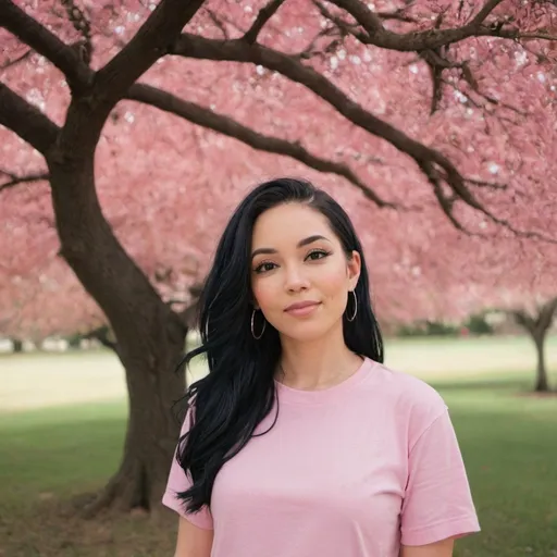 Prompt: picture of women standing under tree with pink black hair