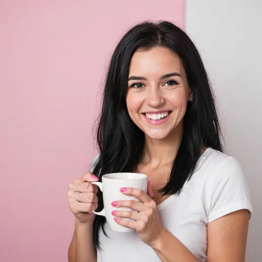 Prompt: women in studio smiling with teeth with pink black hair holding coffee mug