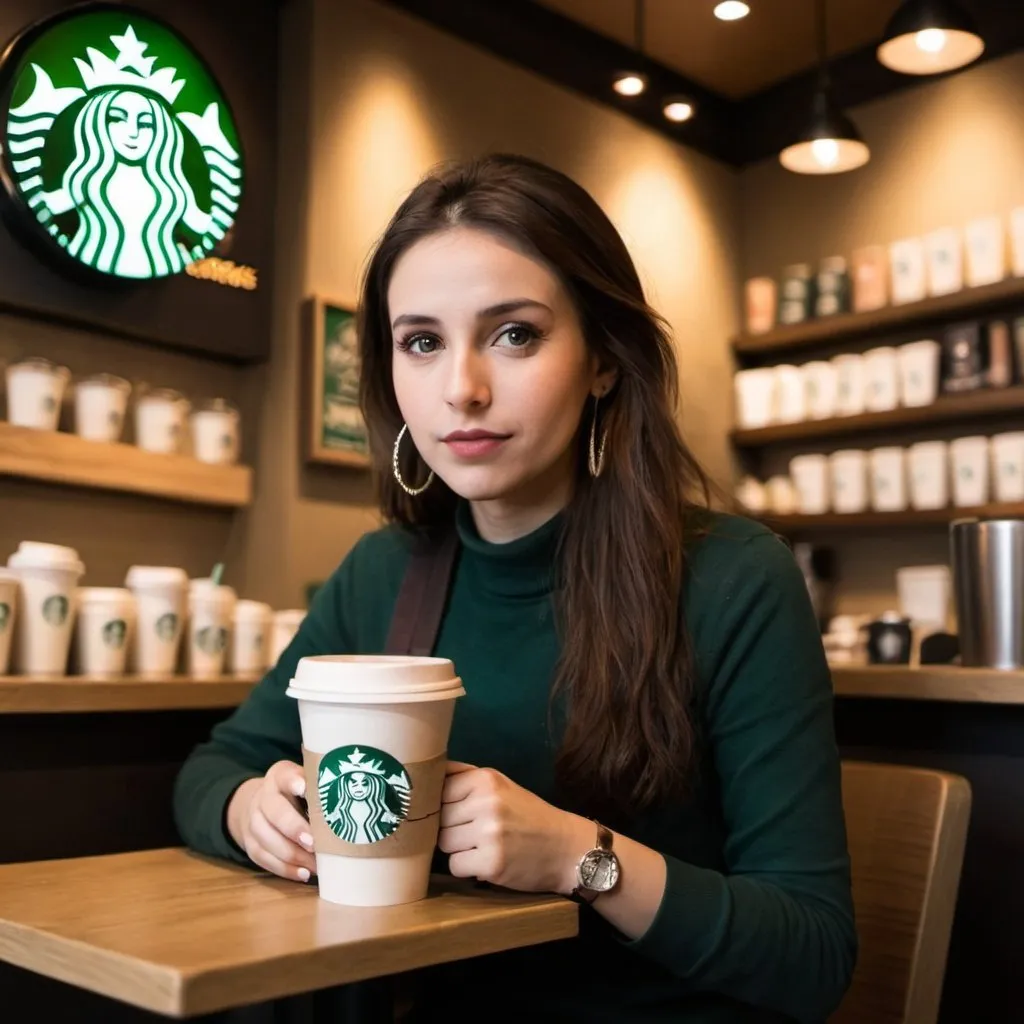 Prompt: image of a women in starbucks