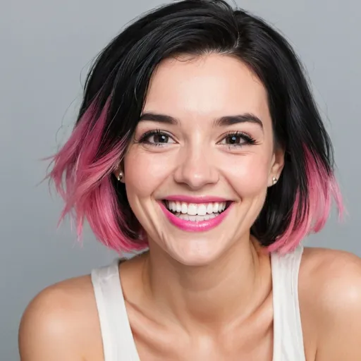 Prompt: women in studio smiling with teeth with pink black hair