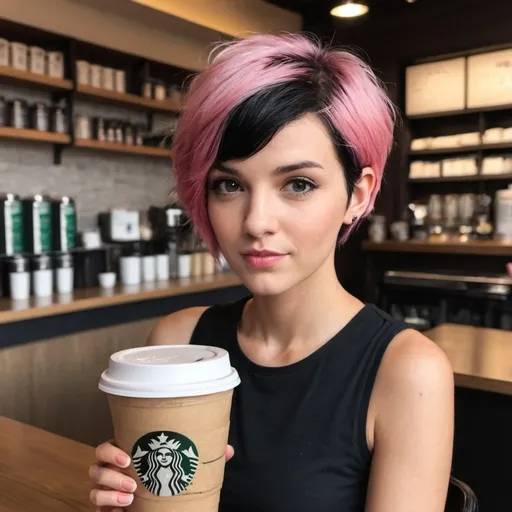 Prompt: women in starbucks with pink black short hair