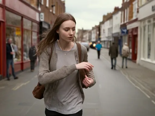 Prompt: Tall young woman walking down the high street, detailed clothing, realistic, natural lighting