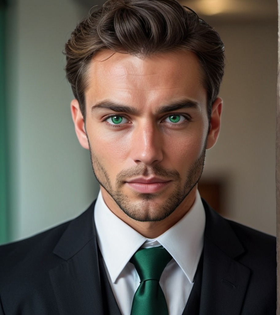 Prompt: good looking realistic business man looking at the camera with green eyes