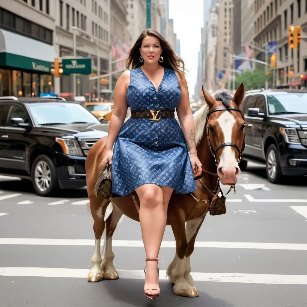 Prompt: Beautiful thick woman riding on Clydesdales wearing a Louis Vuitton dress, wearing Louis Vuitton heels, handbags, and they are walking down 5th Ave. in New York City.