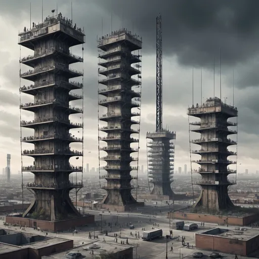 Prompt: A captivating dystopian artwork showing towering surveillance structures monitoring citizens