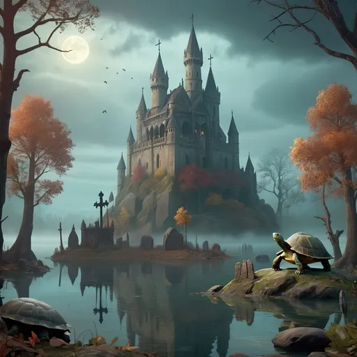 Prompt: Mysterious forest, lake, high quality, Unreal Engine, Castle in background, turtles, tortuous, Arab wizard with club weapon, graveyard, Big tombstones with crosses, mist above the water, fog, fantasy, unreal, detailed foliage, eerie lighting, magical atmosphere, ethereal, medieval, vibrant color tones, mystical, detailed landscape, professional, fantasy style, misc-gothic, detailed characters, detailed architecture