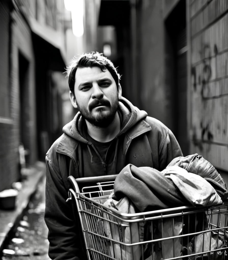 Prompt: Homeless man pushing a shopping cart in an alley, gritty urban setting, trash-strewn environment, worn-out clothes, weary expression, grayscale, dim and moody lighting, raw and gritty style, detailed facial features, high resolution, black and white, urban, gritty, worn-out clothes, dim lighting, moody, raw style, detailed facial features