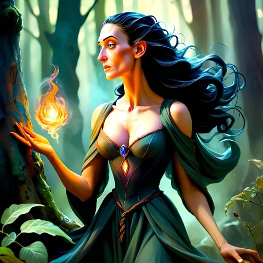 Prompt: Beautiful witch in the woods, oil painting, magical atmosphere, detailed facial features, high quality, fantasy art, vibrant earthy tones, soft natural lighting, mystical aura, flowing robes, enchanting gaze, swirling mist, detailed foliage, ethereal beauty, captivating, atmospheric lighting