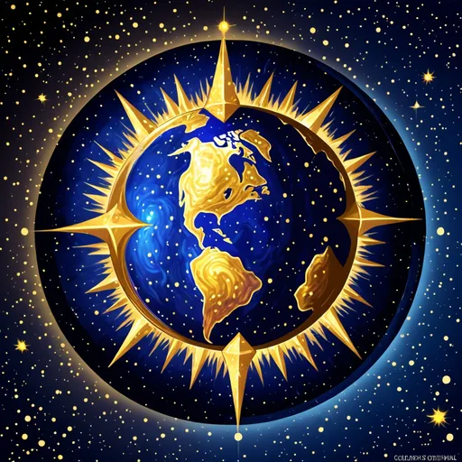 Prompt: Cria imagem

CORES DA BOLA DO PLANETA: Mestravia possui uma tonalidade dominada por azul profundo, com manchas douradas pulsantes que representam fontes de energia imensuráveis. Essas manchas douradas brilham como estrelas, conferindo uma aura mística ao planeta.


